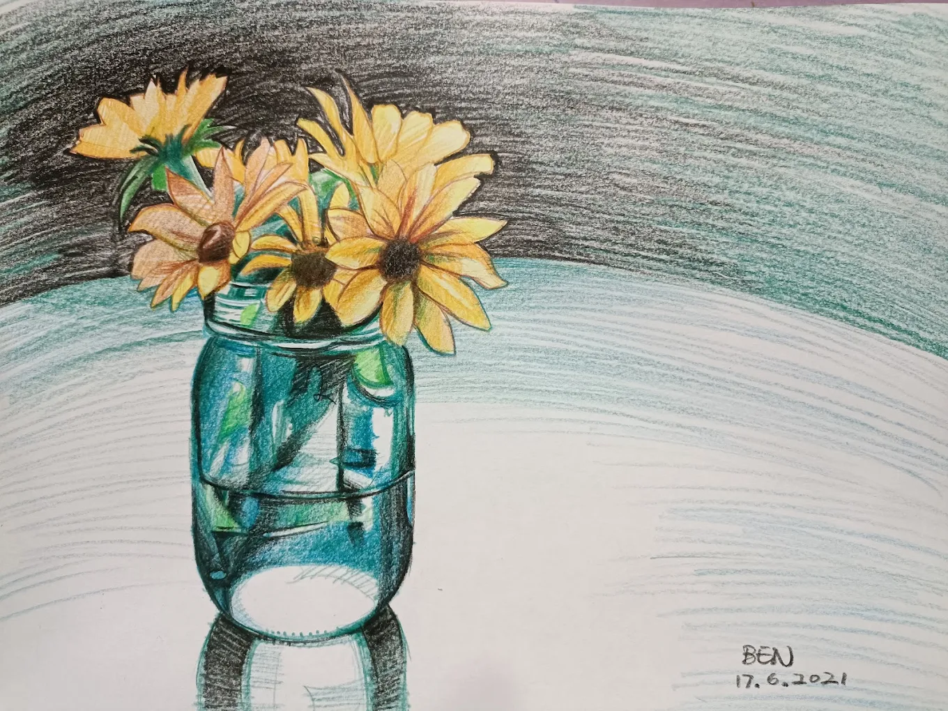 Student artwork — coloured pencil drawing of flowers in a jar