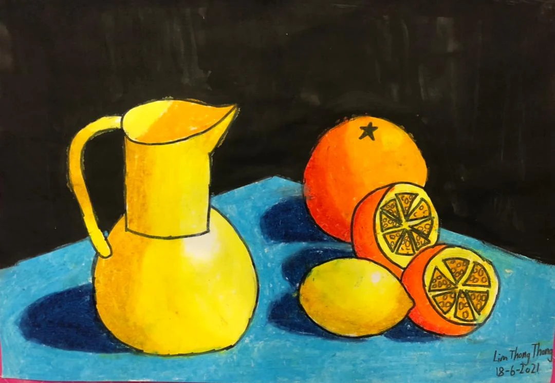 Student artwork — oil pastel still life with jug and fruits