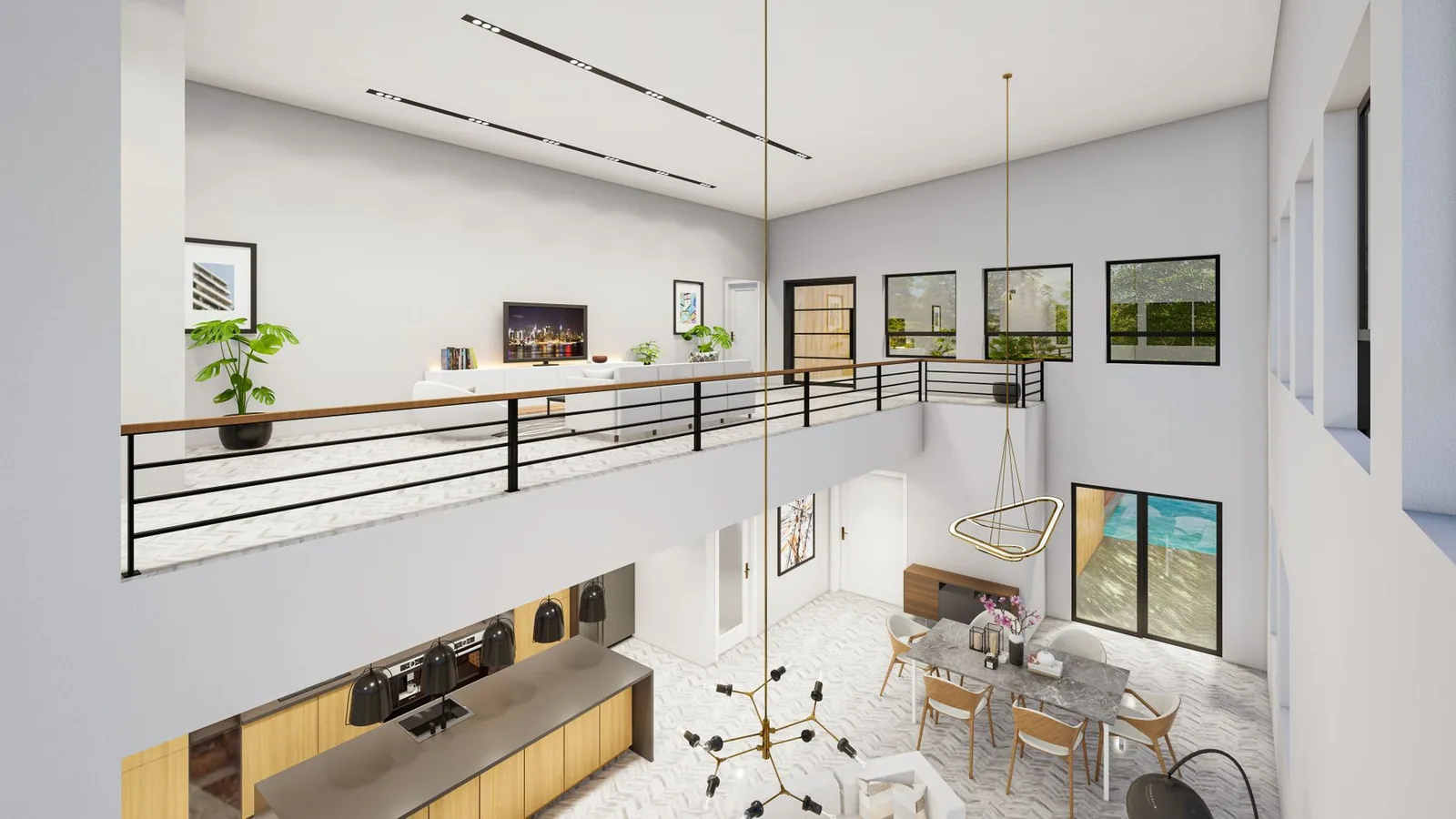 A double-height hallway and staircase