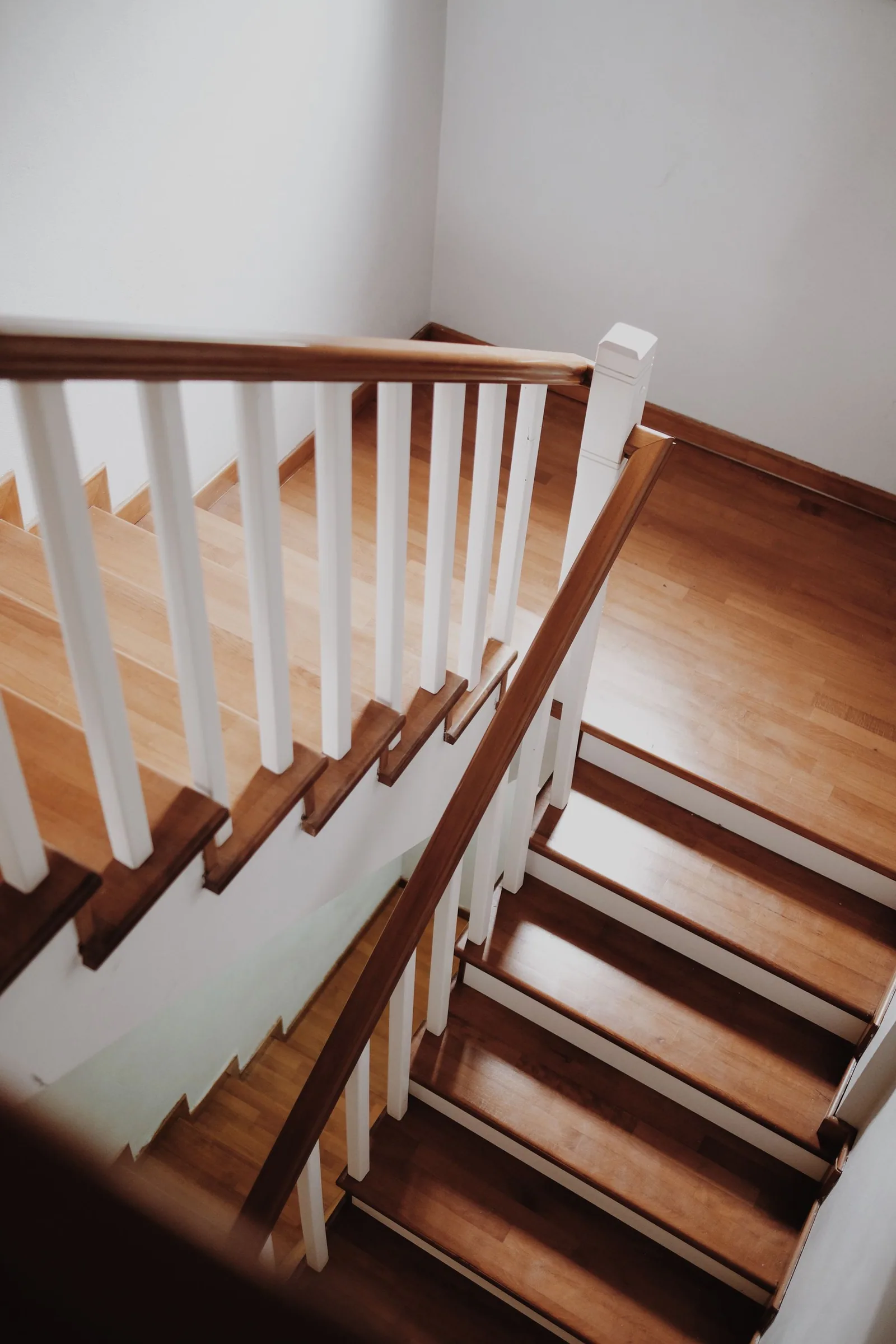 A wooden staircase from above