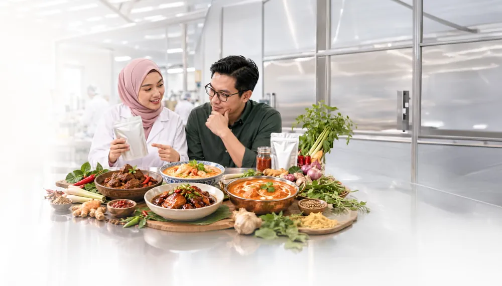Kantan food technologists with finished Malaysian dishes