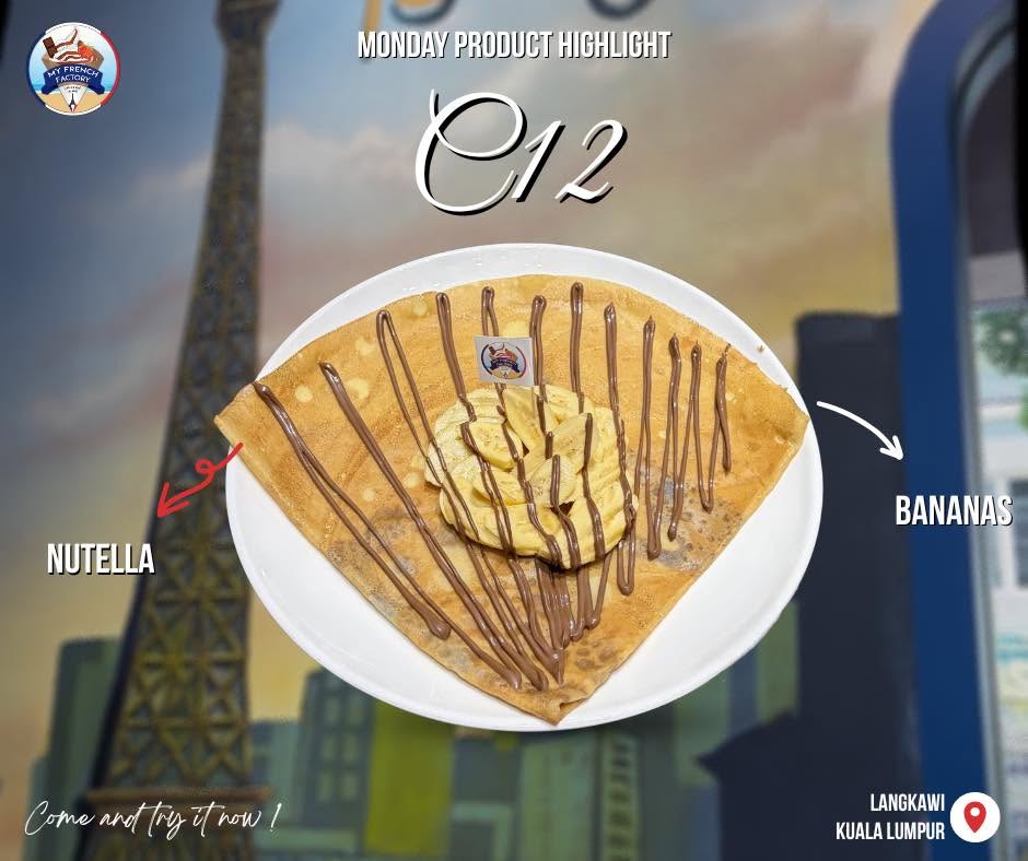 A folded crêpe laced with chocolate hazelnut spread and layered with fresh sliced banana
