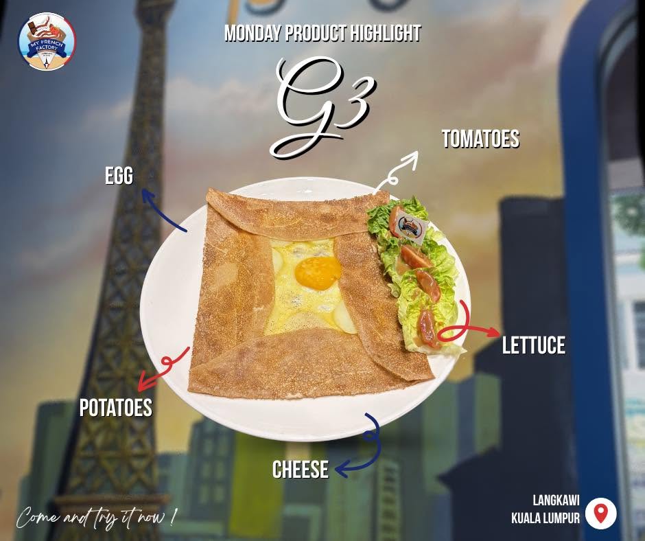 A square folded buckwheat galette with a runny egg at its centre, cheese and potato, served with salad